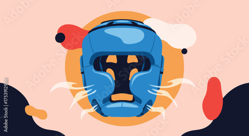 A blue boxing headguard is depicted with stylized orange lines representing heat or sweat emanating from it against a warm peachy background.