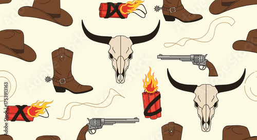 Western theme elements including cowboy hats boots dynamite pistols and bull skulls.