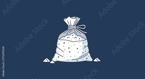 Pixel art illustration of a sack filled with white granular material spilling out onto a dark blue background.