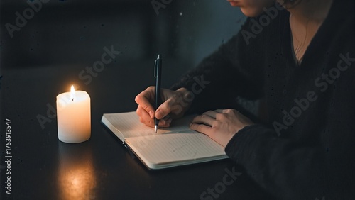 A person writes in a notebook by candlelight in a dark room