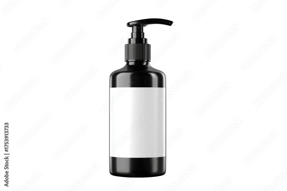 Fototapeta premium Sleek black pump dispenser bottle with blank white label for product branding and packaging mockups