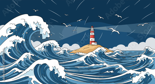 A lone lighthouse stands firm against the powerful ocean waves under a stormy sky with seagulls flying above.