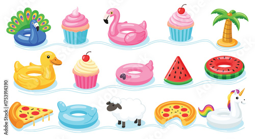 A vibrant collection of inflatable pool toys and summery treats.
