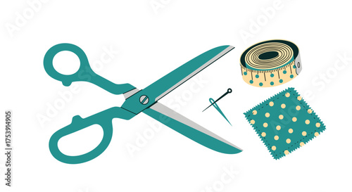 A pair of scissors stands open ready to cut a piece of fabric next to a needle and a tape measure.