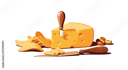 A block of yellow cheese with a knife and crackers.