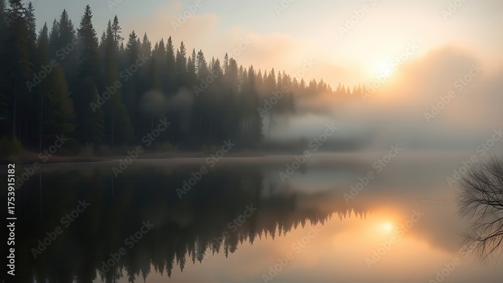 Fototapeta premium Tranquil forest scene mirrored in a peaceful lake, bathed in warm morning light with gentle mist.