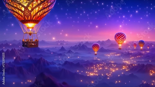 Hot air balloons float above a mountain landscape at twilight, glowing with a magical light