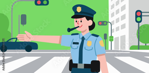 cartoon of a policewoman directing traffic