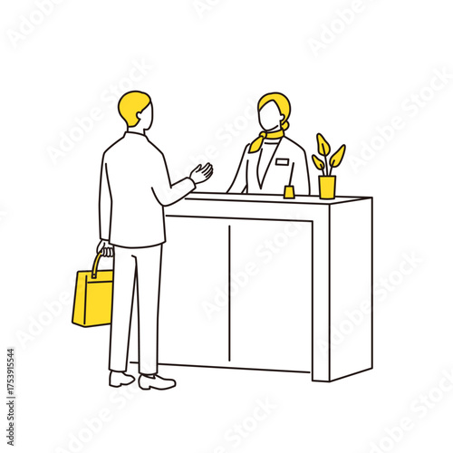 受付でビジネスマンを案内する女性スタッフの線画イラスト