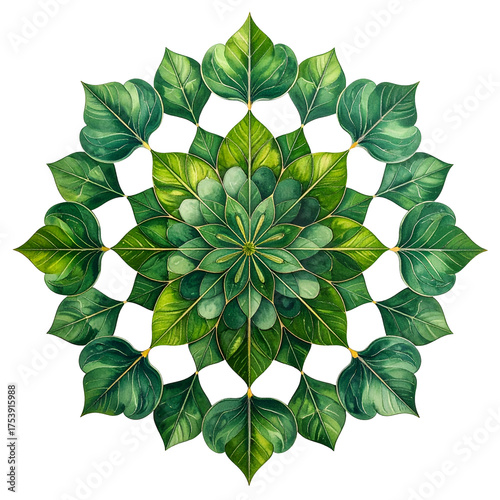 Intricate green leaf mandala pattern on black background.