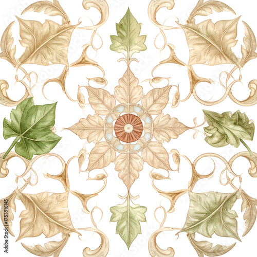 Ornate floral pattern with symmetrical design and detailed leaves.