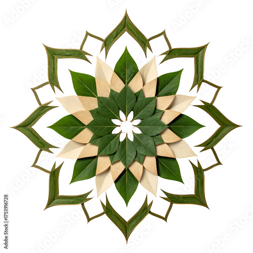 Symmetrical natural mandala crafted from leaves on a black background.