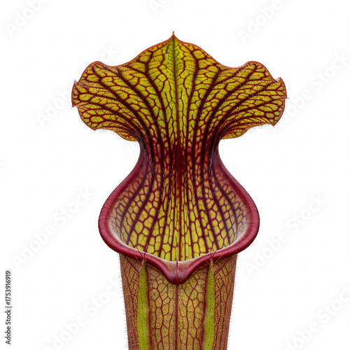 Close up of a vibrant pitcher plant with intricate veining and a flared hood isolated on white background