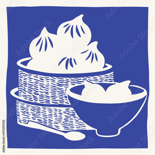 Blue and white asian dumpling vector illustration with bowl and plant elements, clean cultural food design