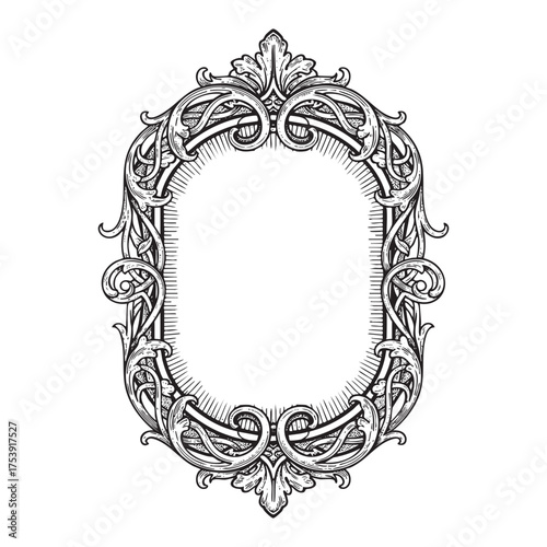 Ornate Oval Picture Frame Vector - Vintage Baroque Scrollwork Engraving Border