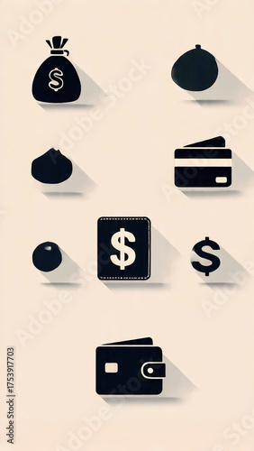 A collection of black icons representing financial concepts, including a money bag, wallet, credit card, and dollar sign.