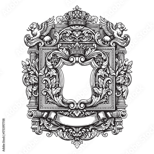 Royal Medieval Heraldic Crest Vector - Ornate Shield with Crown and Wood Texture Engraving