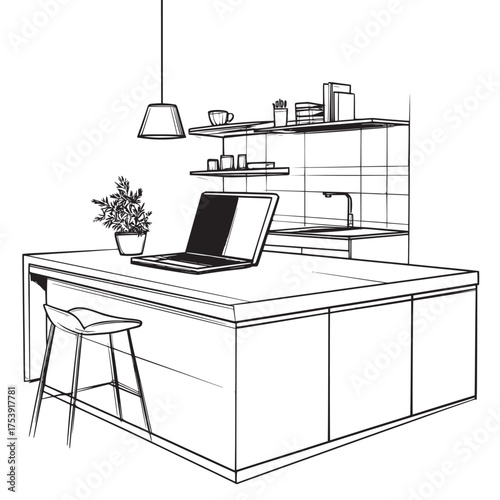 minimal outline vector illustration of laptop on a modern kitchen island