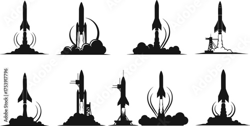 Rocket launch silhouettes, black vector rockets, liftoff illustration, space travel icons, flame and smoke, spacecraft design, aerospace clipart set