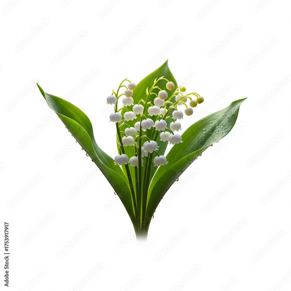 Obraz premium A delicate bouquet of fresh green lily of the valley flowers with broad leaves showcasing small white bell shaped blossoms isolated on white background
