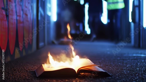 Open book ablaze on city street at night