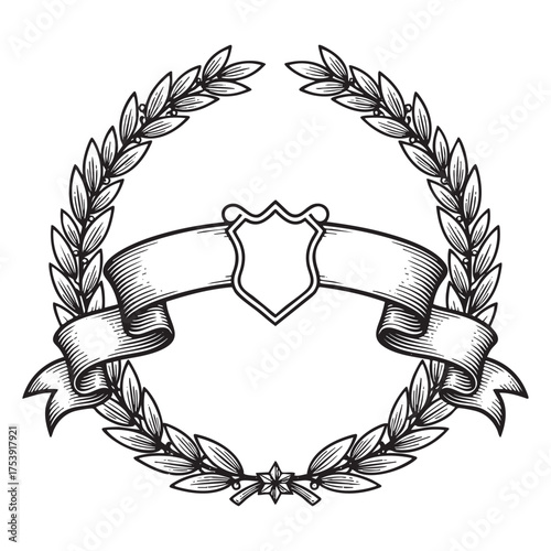 Decorative Laurel Wreath with Centered Ribbon Banner and Small Shield Template - Vintage Engraving