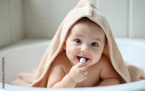 Cute baby with teether under a hooded towel after bath. High quality