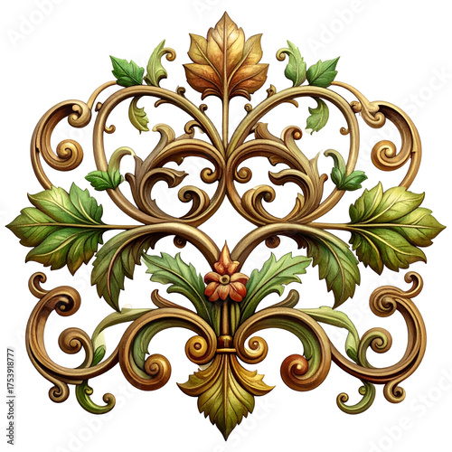 Ornate decorative scrollwork with gold leaf and green foliage.