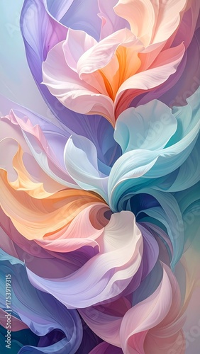 Whimsical, swirling arrangement of colorful petals in pastel hues
