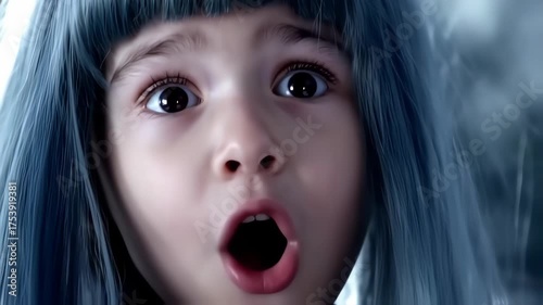 Close-up of a child's face, vibrant eyes, surprised expression, and striking blue hair