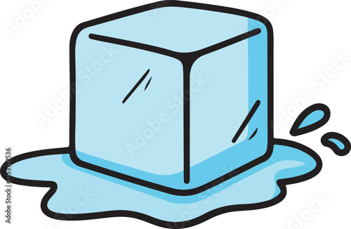 Melting Ice Cube Cartoon Illustration Simple Blue Ice with Water Puddle