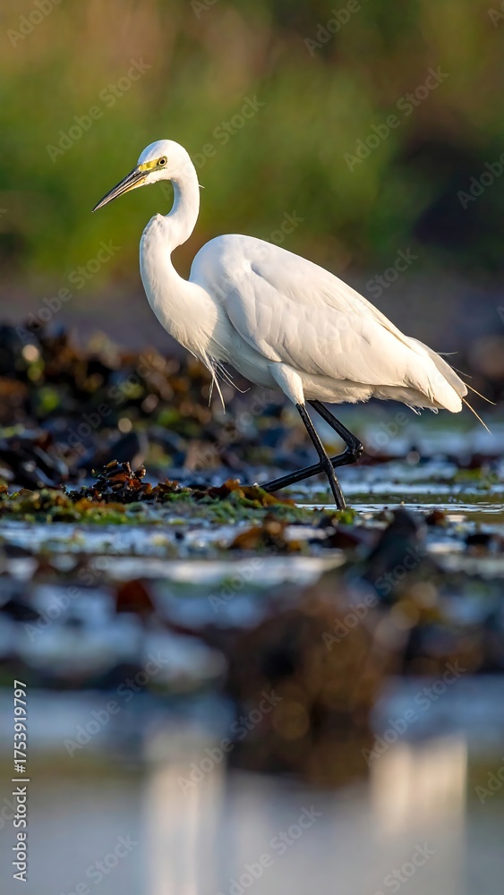 Obraz premium Elegant white wading bird walks through shallow waters, dappled sunlight