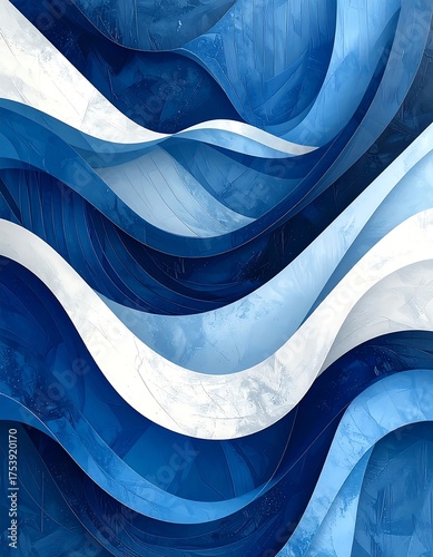 Abstract art piece with layered, curved blue and white bands, creating a flowing, dynamic design