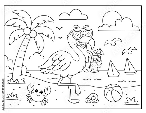 Flamingo Coloring Page for Kids – Fun Beach and Summer Scene