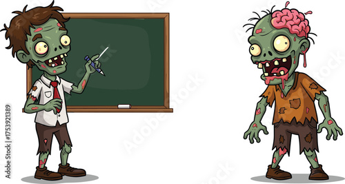 Funny cartoon zombie teacher with blackboard and scary zombie student, humorous undead classroom scene, vector illustration on white background