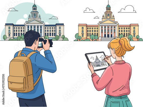 Architecture sketching and photography, urban documentation, classical building capture, dome structure, creative expression, digital illustration, outdoor activity,