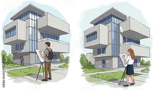 Architects sketching modern building, urban architecture drawing, creative outdoor scene, minimalist concrete design, glass facade structure, artistic observation, architectural rendering,