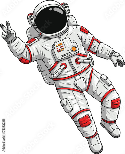 Astronaut floating in space, peace sign gesture, futuristic space suit, cosmic exploration, zero gravity, outer space mission, advanced technology, galactic background, science fiction concept