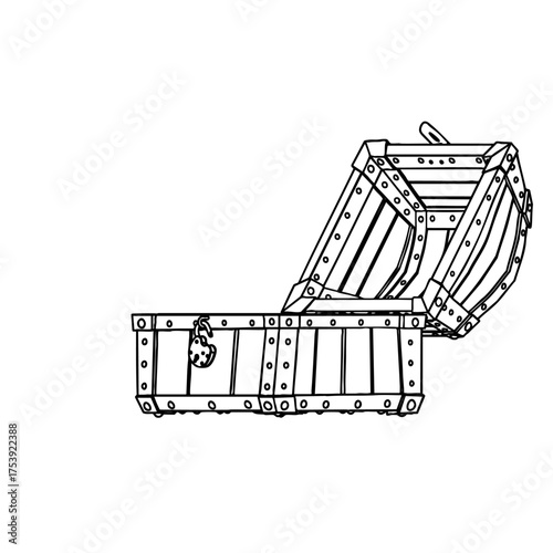 Outline for Full Opened Empty Medieval Chest with Padlock. Vector Illustration.