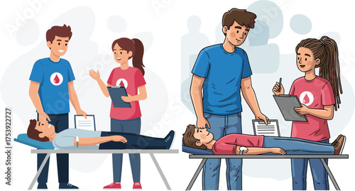 Blood donation scene, medical volunteers, donor assistance, health awareness, clipboard documentation, caring staff, giving blood, community support