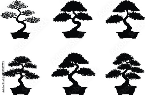Bonsai tree silhouettes, black and white illustration, artistic pruning style, miniature tree design, botanical diversity, curved trunk, foliage pattern, nature art, elegant layout