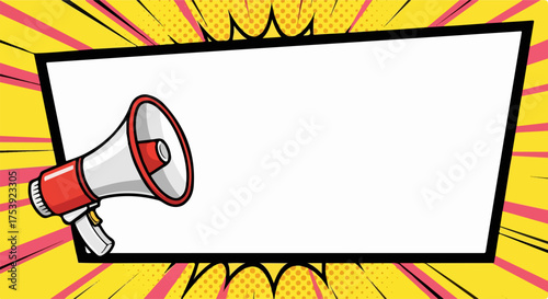 Red and White Cartoon Megaphone with Blank Comic Book Frame