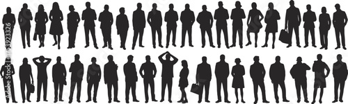 Business silhouettes, professional diversity, black shapes, standing poses, office attire, teamwork concept, corporate group, posture variation, white background, career illustration