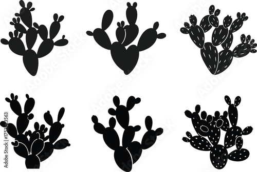 Cactus silhouette set, black nature graphic, prickly pear design, desert plant icon, botanical vector, stylized pad structure, landscape illustration, spiny cactus shape, minimal flora