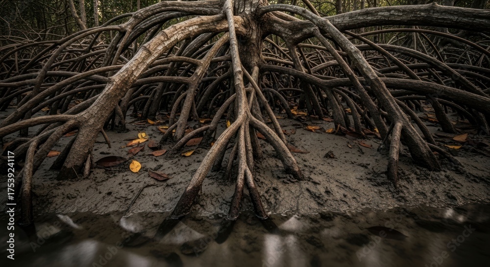 Fototapeta premium Mangrove roots spread wide over muddy ground