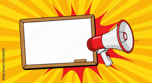 Pop art style red and white megaphone next to a blank whiteboard with a wood frame.