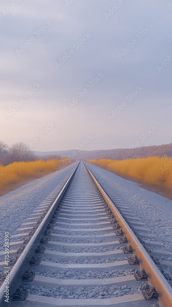 Fototapeta premium Train Tracks Through Golden Field striking captures railway line bisecting vast, sunlit agricultural landscape, evoking sense