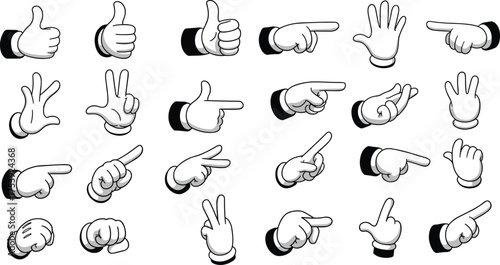 Cartoon hand gestures, white gloves illustration, expressive finger signs, classic animation style, pointing, thumbs up, peace sign, symbolic hands, playful design, vector icons