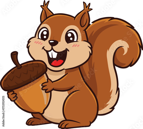 Cartoon squirrel holding acorn, cute forest animal illustration, cheerful rodent character, bushy tail, woodland creature, children’s book art, playful nature theme, autumn wildlife drawing