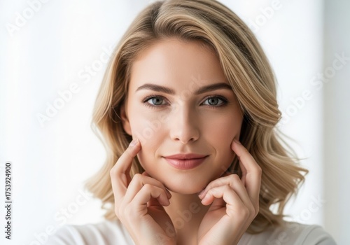 Close up portrait of a woman touching her cheeks isolated on white background